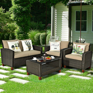 4 Pieces Patio Rattan Furniture Set with Cushions view 2