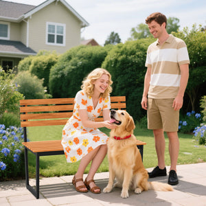 Outdoor Bench Acacia Wood Patio Loveseat with Backrest and Heavy Duty Metal Frame view 3