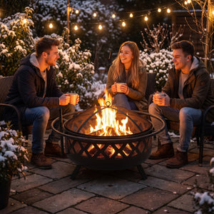 Outdoor Black Fire Pit with Adjustable and Rotatable Grill Grate Breathable Mesh & Outer Ring for BBQ-30 Inches view 2