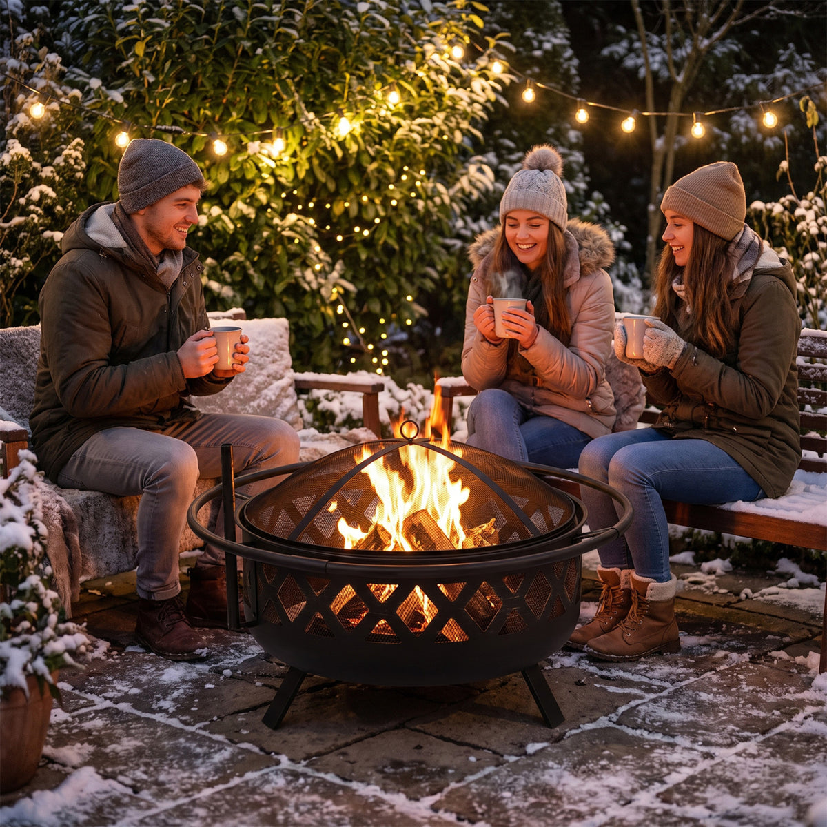 Outdoor Black Fire Pit with Adjustable and Rotatable Grill Grate Breathable Mesh & Outer Ring for BBQ-36 Inches view 2