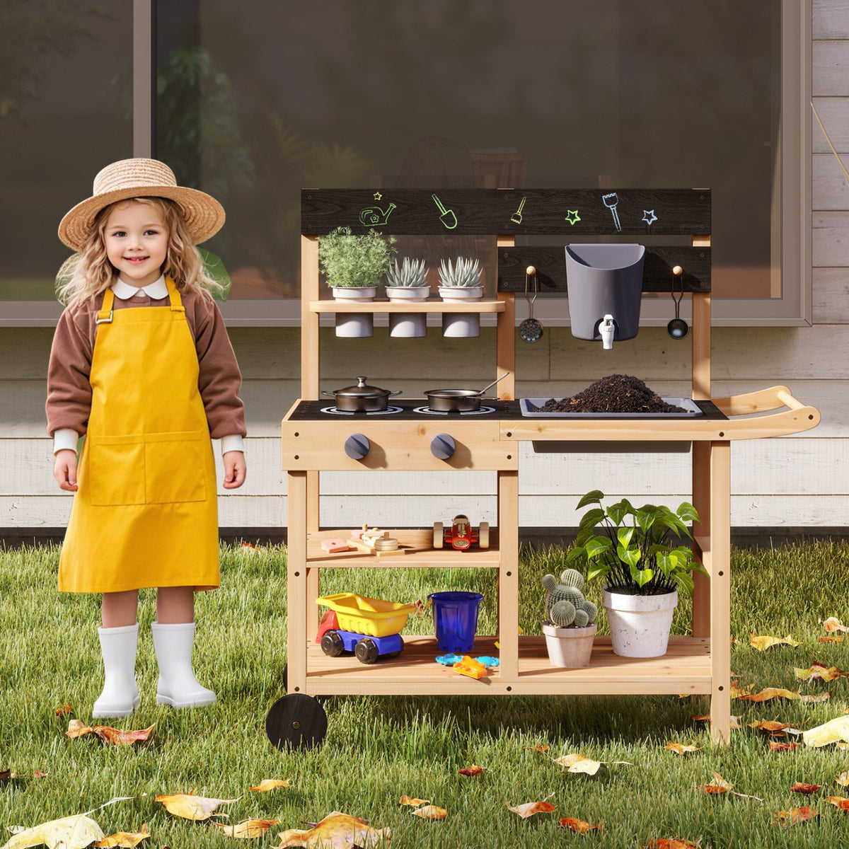 Outdoor Fir Wood Play Kitchen with Blackboard and Planting Pots-Natural view 2
