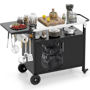 Outdoor Grill Cart with Storage and Folding Stainless Steel Top-Black