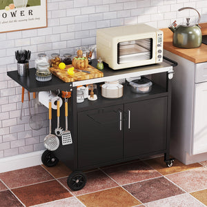 Outdoor Grill Cart with Storage and Folding Stainless Steel Top-Black view 2