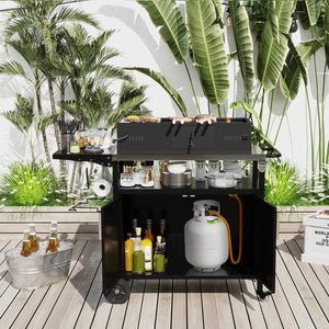Outdoor Grill Cart with Storage and Folding Stainless Steel Top-Black view 3