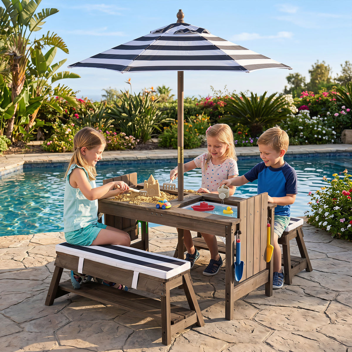 Outdoor Kids Wooden Picnic Table and Benches Set with Umbrella-Blue view 2