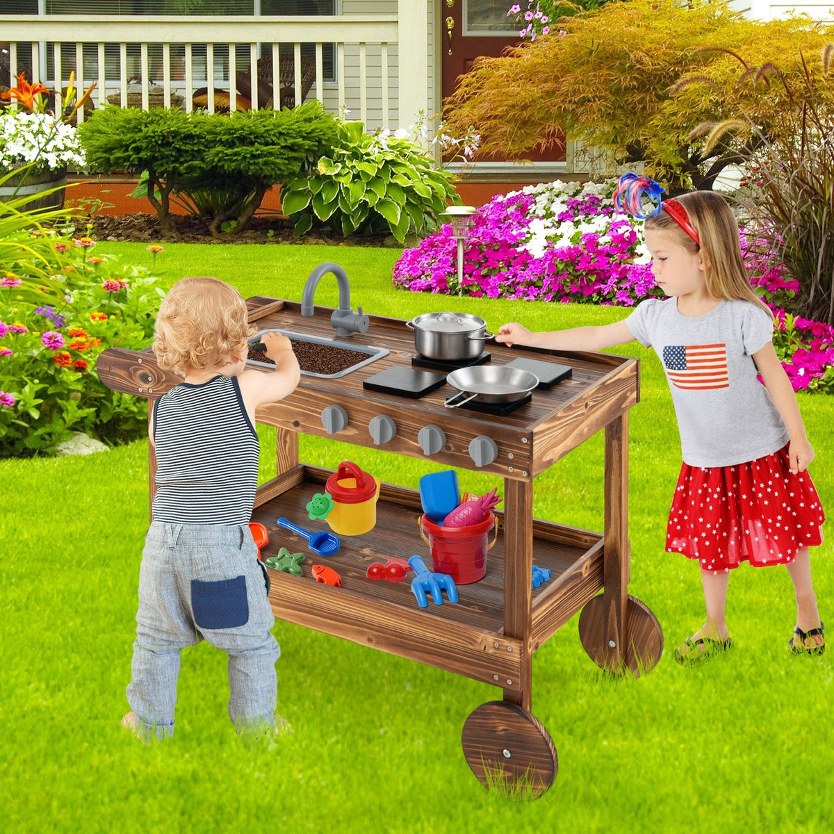 Outdoor Movable Mud Kitchen with 2 Rolling Wheels and 1 Push Handle-Natural view 2