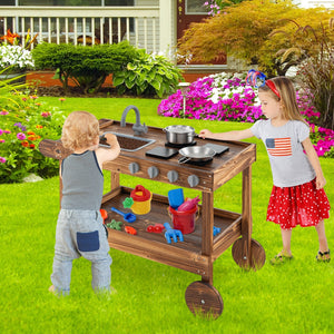 Outdoor Movable Mud Kitchen with 2 Rolling Wheels and 1 Push Handle-Natural view 2
