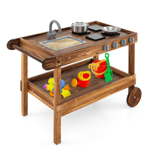 Outdoor Movable Mud Kitchen with 2 Rolling Wheels and 1 Push Handle-Natural view 4