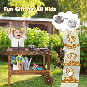 Outdoor Movable Mud Kitchen with 2 Rolling Wheels and 1 Push Handle-Natural view 6