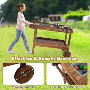Outdoor Movable Mud Kitchen with 2 Rolling Wheels and 1 Push Handle-Natural view 8