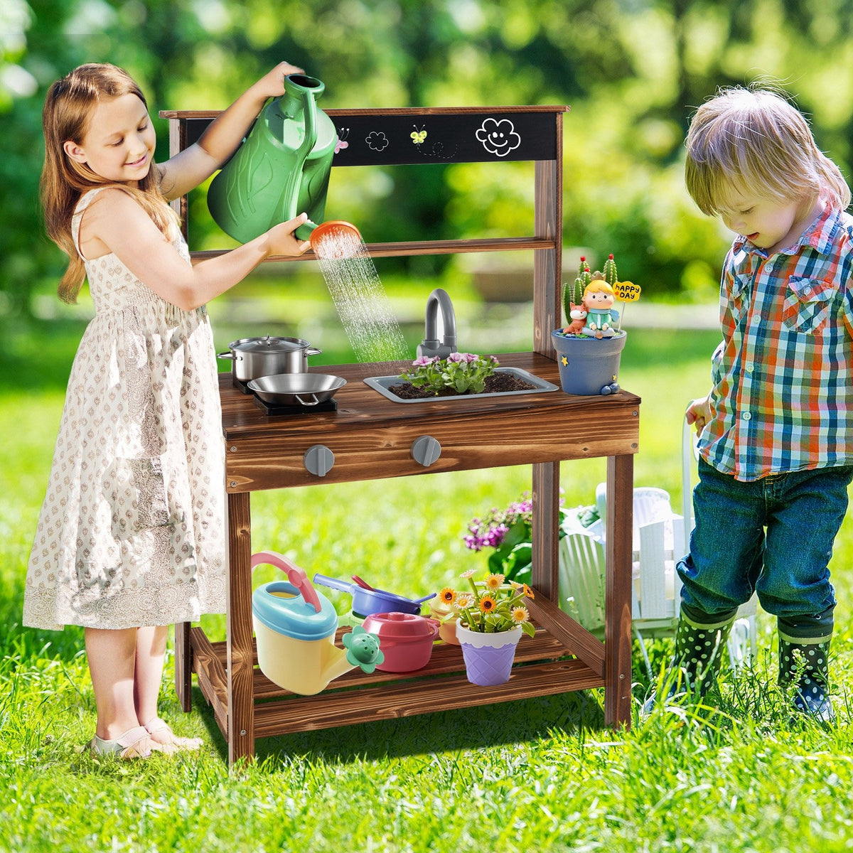 Outdoor Mud Kitchen for Kids with Rotatable Faucet and Removable Sink-Natural view 2