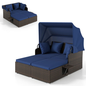 Outdoor Patio Rattan Daybed with Retractable Canopy and Side Tables-Navy