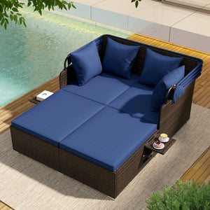 Outdoor Patio Rattan Daybed with Retractable Canopy and Side Tables-Navy view 2