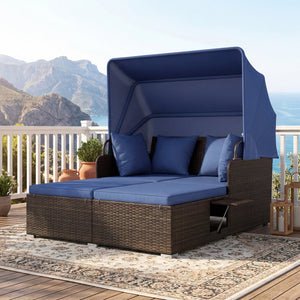 Outdoor Patio Rattan Daybed with Retractable Canopy and Side Tables-Navy view 3