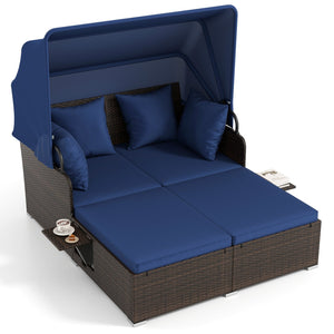 Outdoor Patio Rattan Daybed with Retractable Canopy and Side Tables-Navy view 4