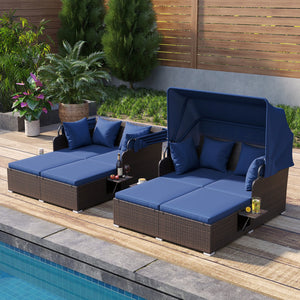 Outdoor Patio Rattan Daybed with Retractable Canopy and Side Tables-Navy view 6