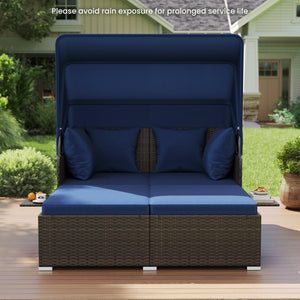 Outdoor Patio Rattan Daybed with Retractable Canopy and Side Tables-Navy view 7