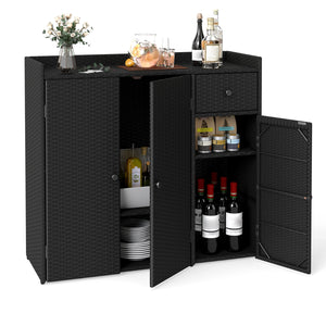 Outdoor PE Wicker Storage Cabinet with 3 Doors and Adjustable Shelves and Drawer-Black