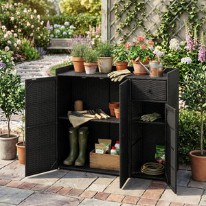 Outdoor PE Wicker Storage Cabinet with 3 Doors and Adjustable Shelves and Drawer-Black view 2