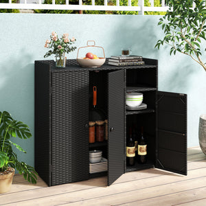 Outdoor PE Wicker Storage Cabinet with 3 Doors and Adjustable Shelves and Drawer-Black view 6