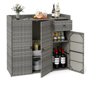 Outdoor PE Wicker Storage Cabinet with 3 Doors and Adjustable Shelves and Drawer-Gray