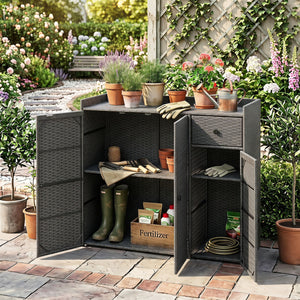 Outdoor PE Wicker Storage Cabinet with 3 Doors and Adjustable Shelves and Drawer-Gray view 2