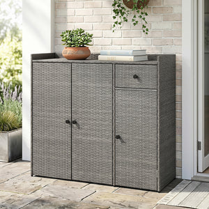 Outdoor PE Wicker Storage Cabinet with 3 Doors and Adjustable Shelves and Drawer-Gray view 3