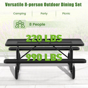 Outdoor Picnic Table and Bench Set for 8 Person with Seats and Mesh Grid-Black view 8