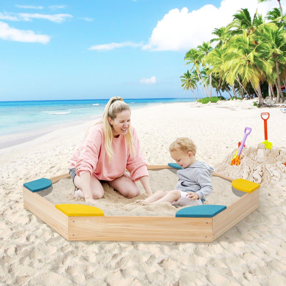 Outdoor Solid Wood Sandbox with 6 Built-in Fan-shaped Seats view 2