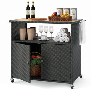 Outdoor Storage Cabinet with Acacia Wood Top and Lockable Wheels-Black view 4