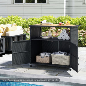 Outdoor Storage Cabinet with Acacia Wood Top and Lockable Wheels-Black view 6