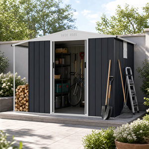 Outdoor Storage Shed with Lockable Double Sliding Door and Open Firewood Bay-Gray view 2
