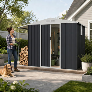 Outdoor Storage Shed with Lockable Double Sliding Door and Open Firewood Bay-Gray view 3
