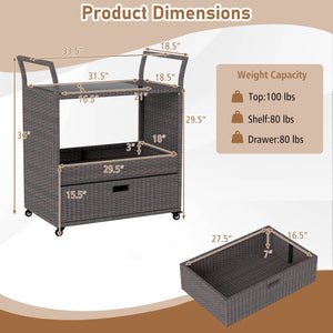Outdoor Wicker Bar Cart Table with Tempered Glass Top view 5