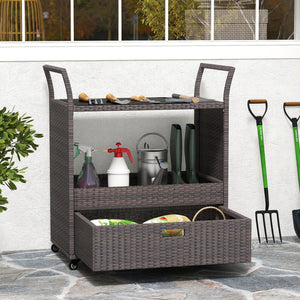 Outdoor Wicker Bar Cart Table with Tempered Glass Top view 6