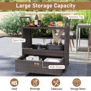 Outdoor Wicker Bar Cart Table with Tempered Glass Top view 8