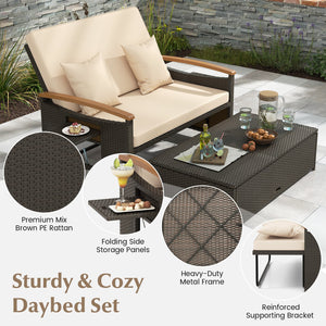 Outdoor Wicker Daybed with Folding Panels and Storage Ottoman-Beige view 8