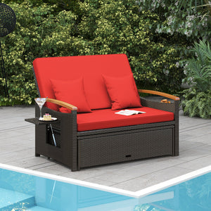 Outdoor Wicker Daybed with Folding Panels and Storage Ottoman-Red view 2