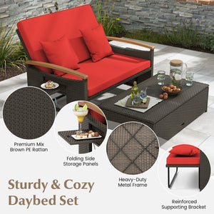 Outdoor Wicker Daybed with Folding Panels and Storage Ottoman-Red view 9