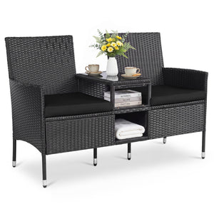 Outdoor Wicker Patio Loveseat with Built-in Glass Side Table-Black view 4