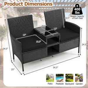 Outdoor Wicker Patio Loveseat with Built-in Glass Side Table-Black view 5