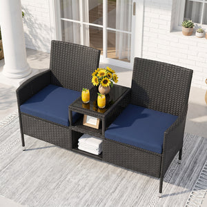 Outdoor Wicker Patio Loveseat with Built-in Glass Side Table-Navy view 3