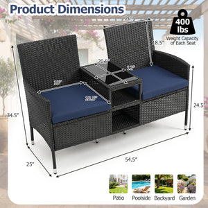Outdoor Wicker Patio Loveseat with Built-in Glass Side Table-Navy view 5