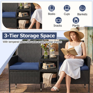Outdoor Wicker Patio Loveseat with Built-in Glass Side Table-Navy view 8