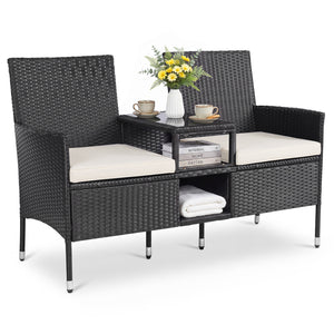 Outdoor Wicker Patio Loveseat with Built-in Glass Side Table-White view 4