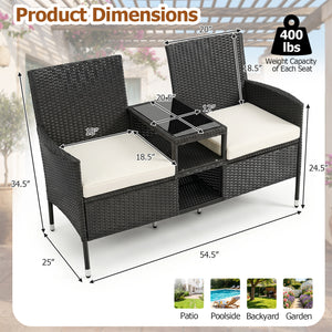 Outdoor Wicker Patio Loveseat with Built-in Glass Side Table-White view 5