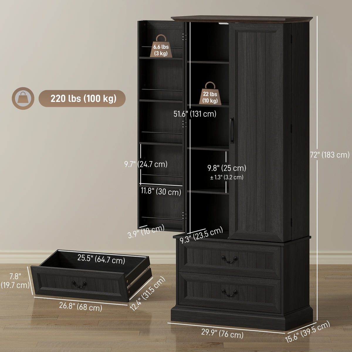 72" LED Kitchen Pantry Cabinet, Buffet Storage Cabinet with 10 Door Shelves – view 2