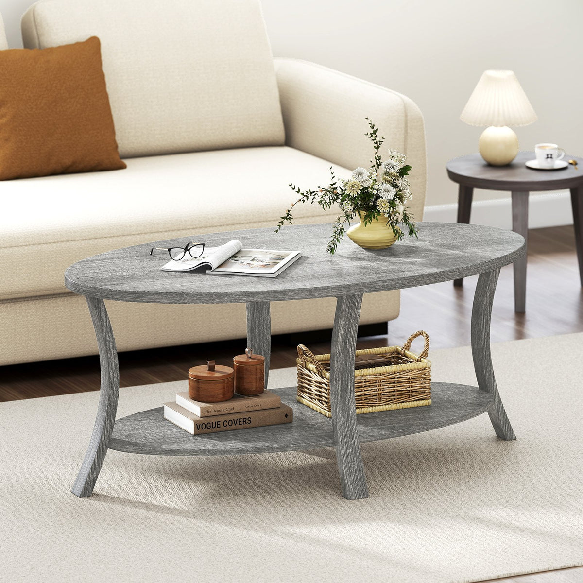 Oval Coffee Table 2-Tier Center Table with Storage Shelf-Gray view 2