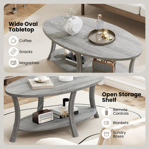 Oval Coffee Table 2-Tier Center Table with Storage Shelf-Gray view 8