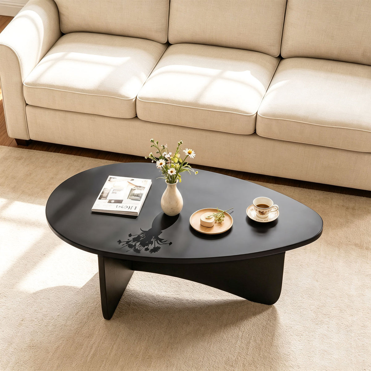 Oval Coffee Table Mid Century Modern Accent Table Low Profile Wooden Center Table-Black view 2